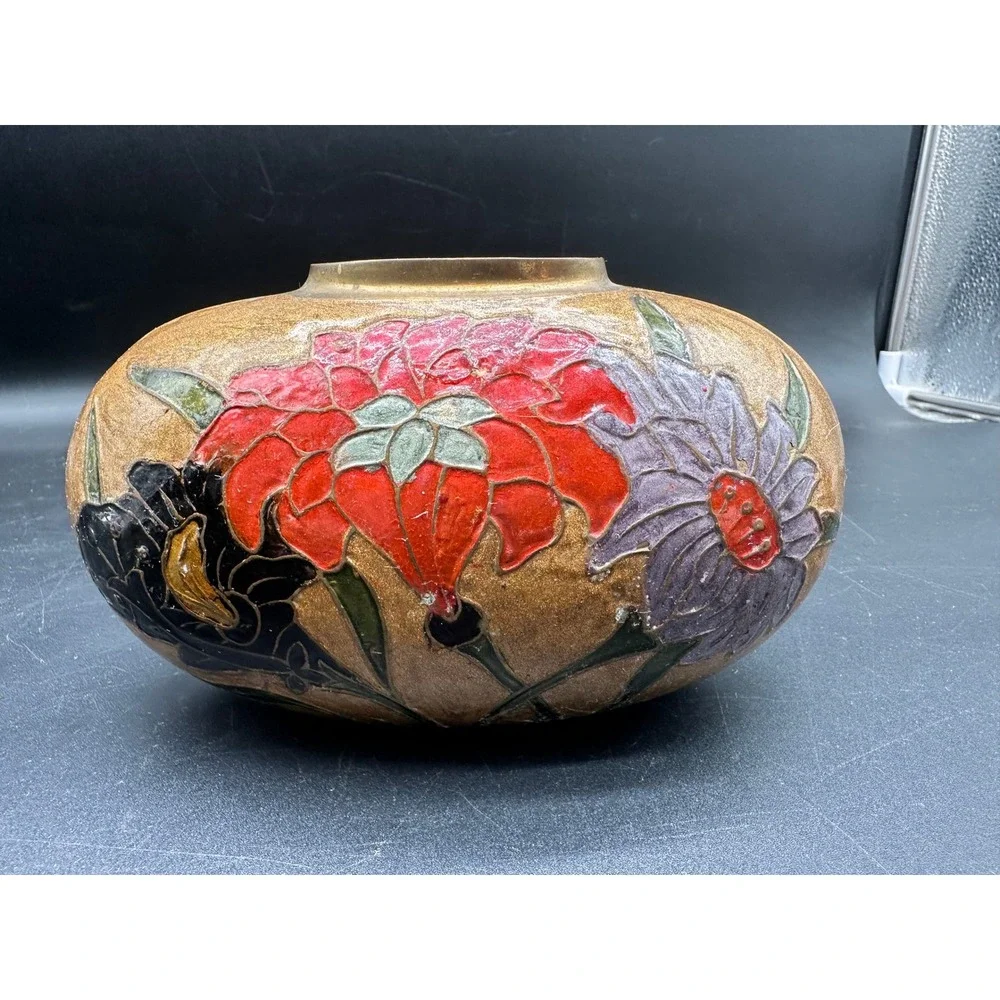 Vintage Embossed‎ Floral Brass Vase with Enamel Accents Indian Artisan Metalwork